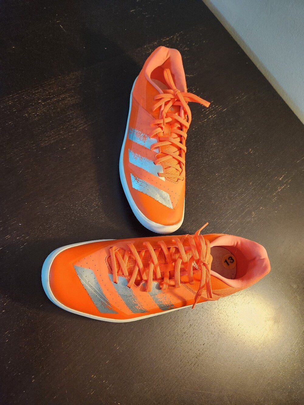 Orange Unisex Adidas Athletic Soccer Sneakers with Silver Stripes.  Excellent